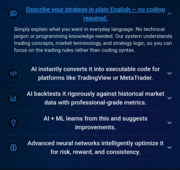 StratMaster Recursive AI turns plain-English TA strategies into PineScript or MT4 code, backtests them to get all pro metrics, and uses AI to evolve them for max ROI. Built for rapid continuous improvement.