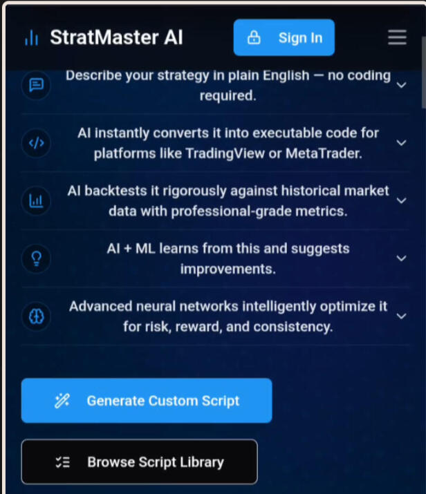 StratMaster Recursive AI turns plain-English TA strategies into PineScript or MT4 code, backtests them to get all pro metrics, and uses AI to evolve them for max ROI. Built for rapid continuous improvement.